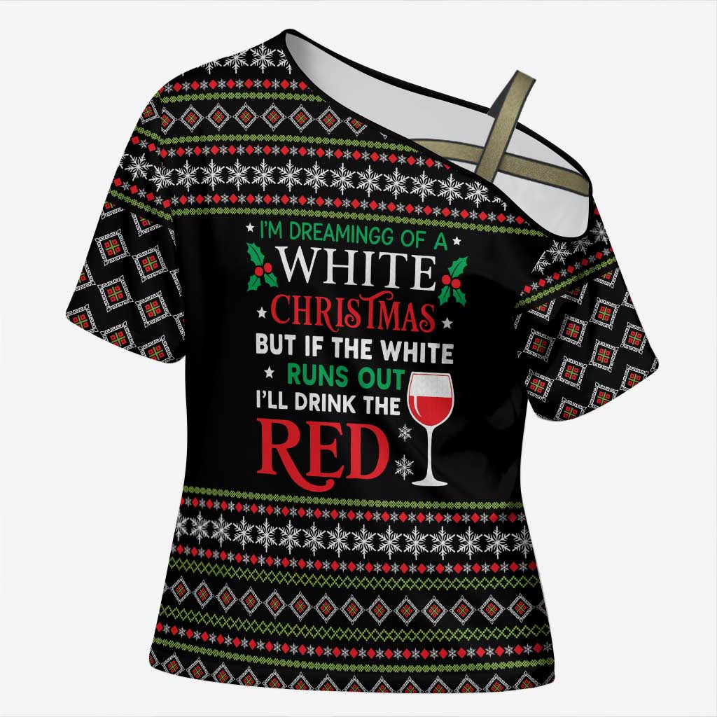 White and Red Christmas Wine Cross Shoulder Shirt with Festive Pattern and Holiday Cheer - Wonder Print Shop