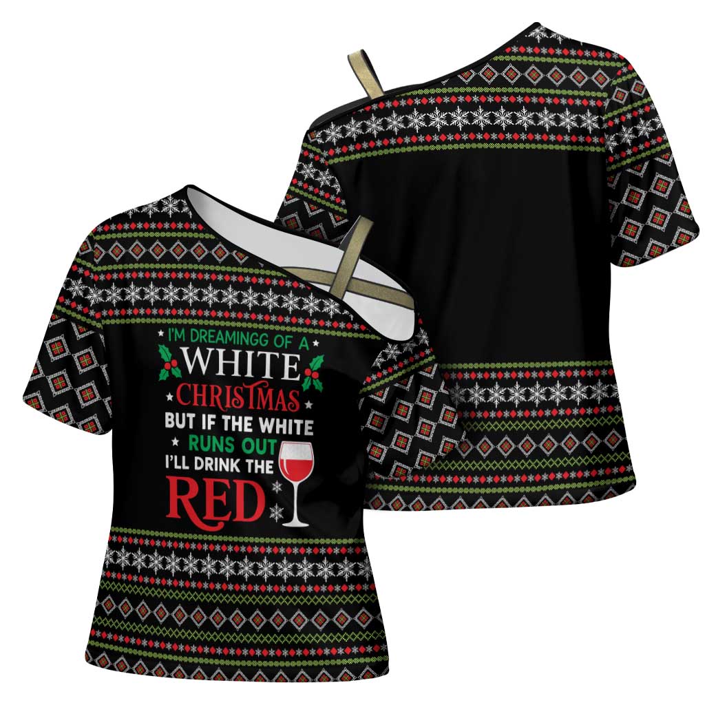 White and Red Christmas Wine Cross Shoulder Shirt with Festive Pattern and Holiday Cheer - Wonder Print Shop