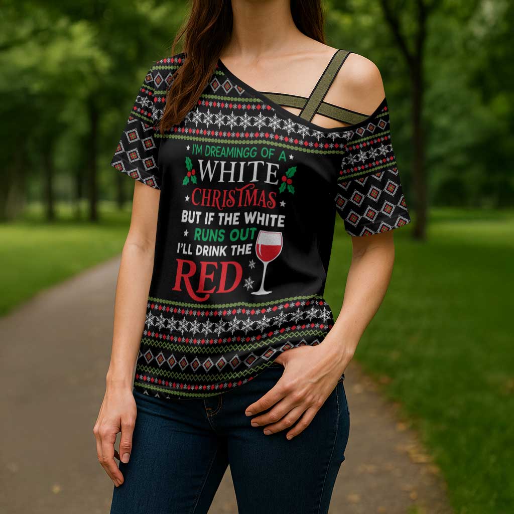 White and Red Christmas Wine Cross Shoulder Shirt with Festive Pattern and Holiday Cheer - Wonder Print Shop