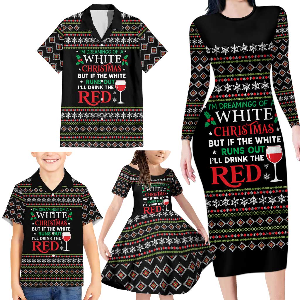 White and Red Christmas Wine Family Matching Long Sleeve Bodycon Dress and Hawaiian Shirt with Festive Pattern and Holiday Cheer - Wonder Print Shop