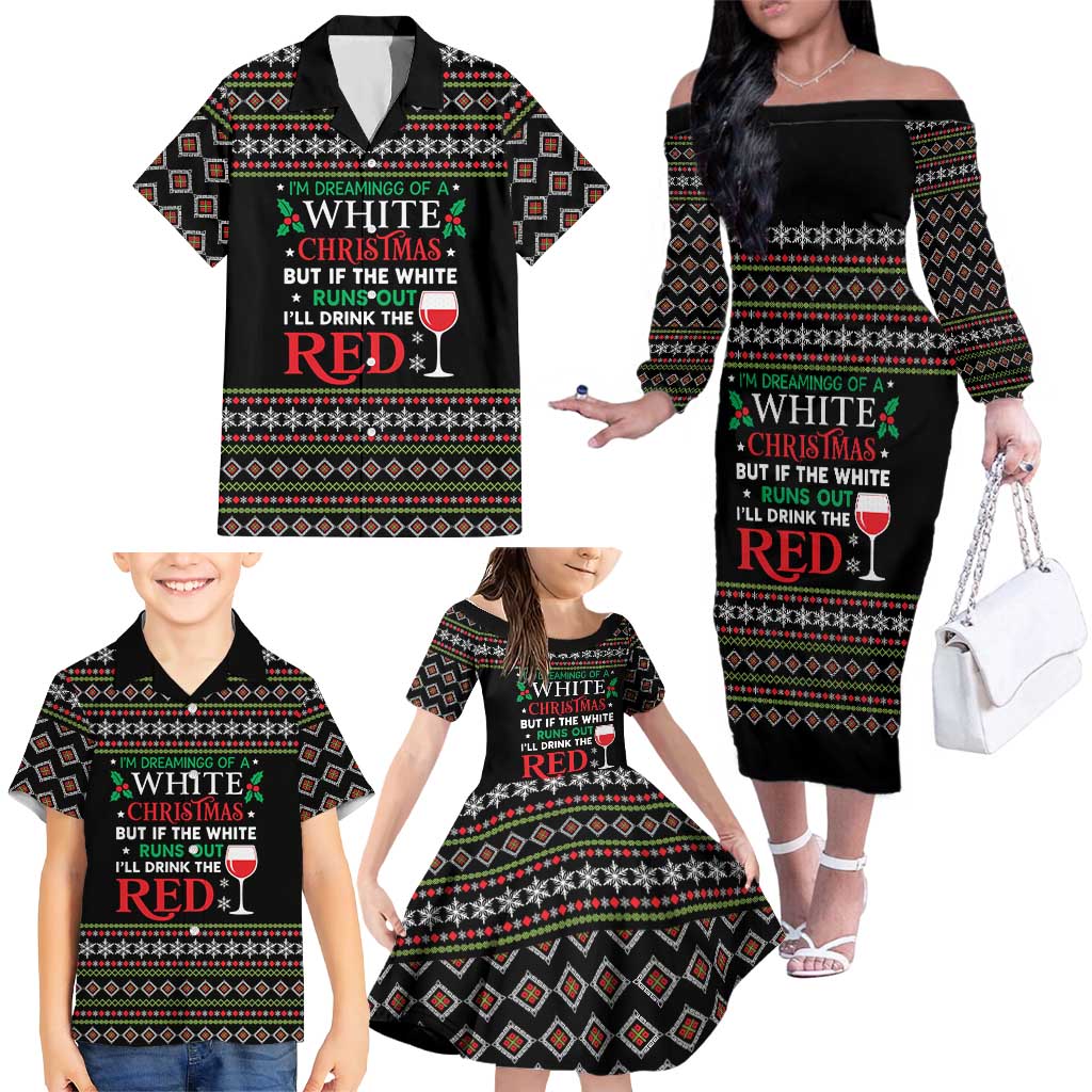 White and Red Christmas Wine Family Matching Off The Shoulder Long Sleeve Dress and Hawaiian Shirt with Festive Pattern and Holiday Cheer - Wonder Print Shop