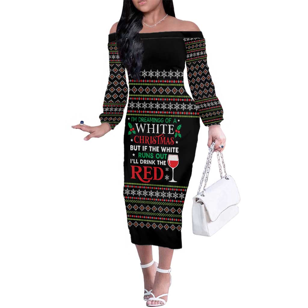 White and Red Christmas Wine Family Matching Off The Shoulder Long Sleeve Dress and Hawaiian Shirt with Festive Pattern and Holiday Cheer - Wonder Print Shop