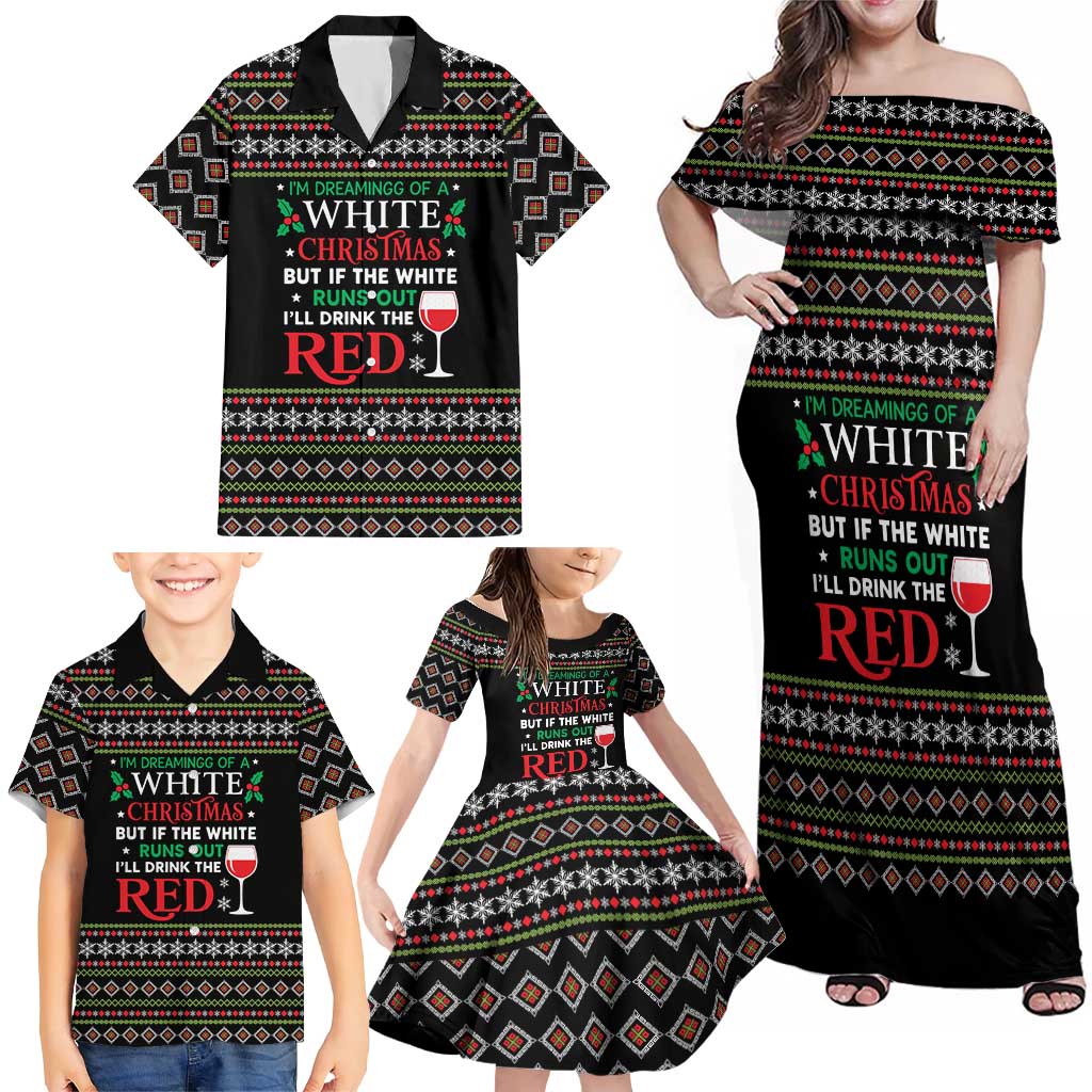 White and Red Christmas Wine Family Matching Off Shoulder Maxi Dress and Hawaiian Shirt with Festive Pattern and Holiday Cheer - Wonder Print Shop
