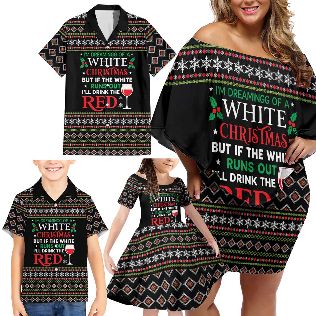 White and Red Christmas Wine Family Matching Off Shoulder Short Dress and Hawaiian Shirt with Festive Pattern and Holiday Cheer - Wonder Print Shop