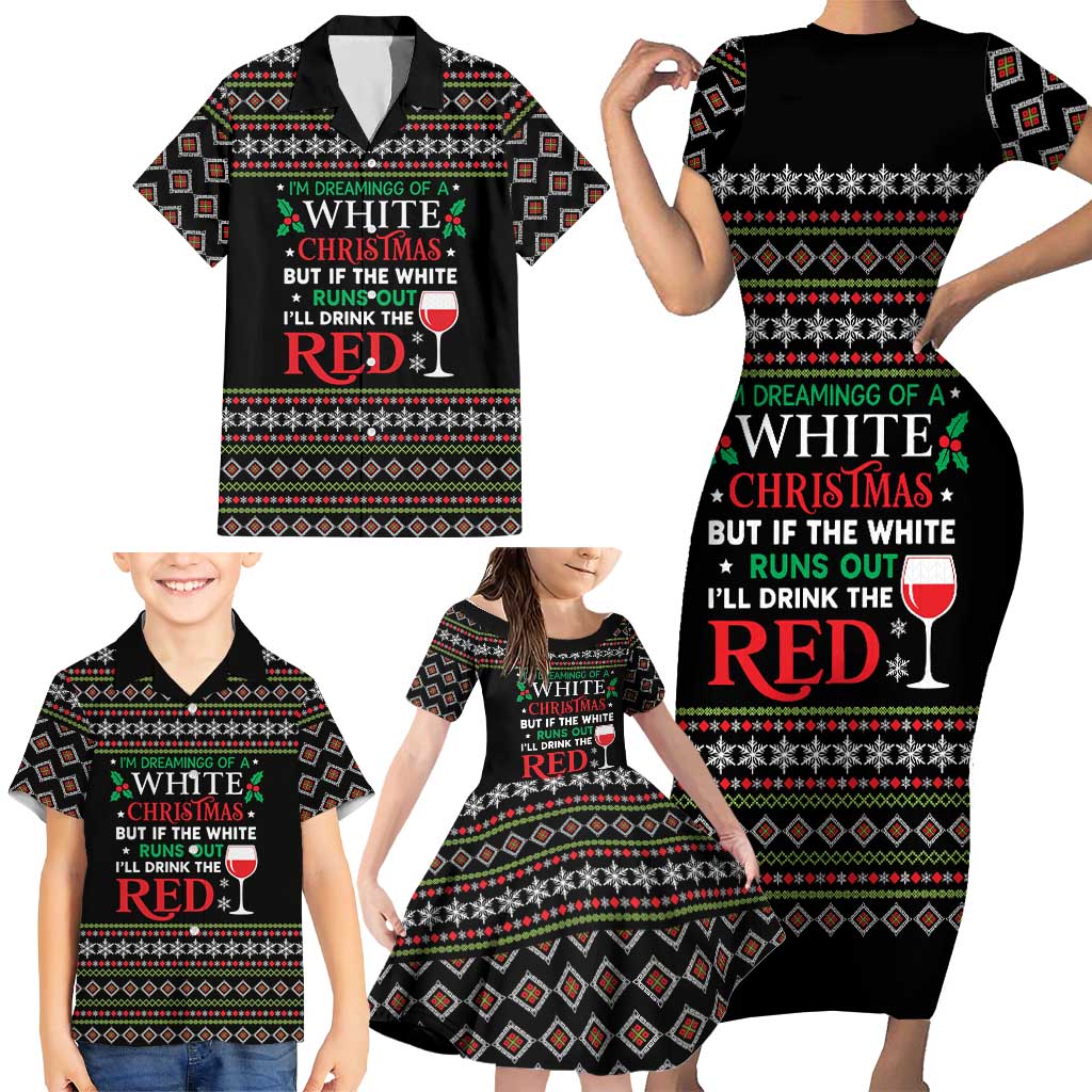 White and Red Christmas Wine Family Matching Short Sleeve Bodycon Dress and Hawaiian Shirt with Festive Pattern and Holiday Cheer - Wonder Print Shop