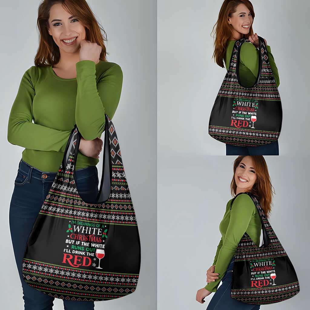 White and Red Christmas Wine Grocery Bag with Festive Pattern and Holiday Cheer - Wonder Print Shop
