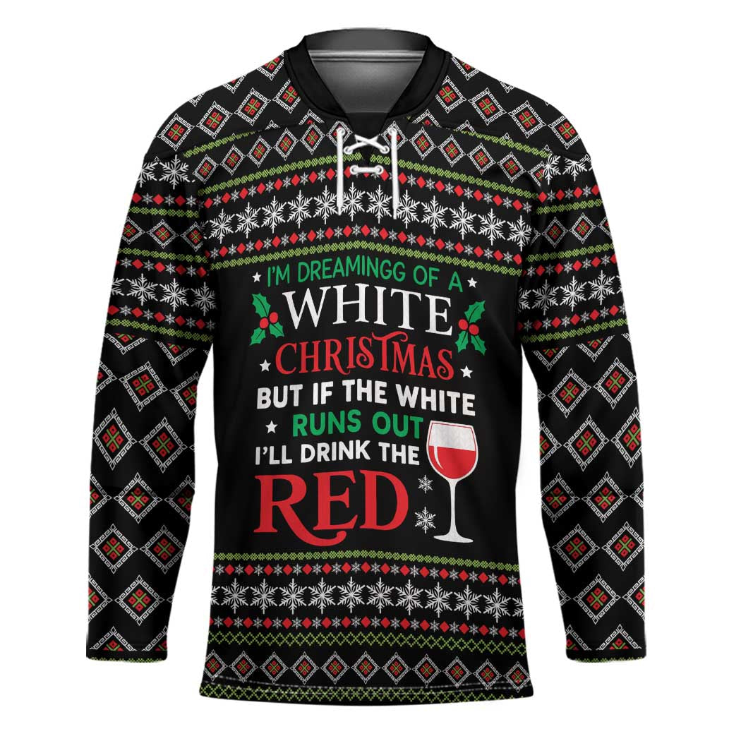 White and Red Christmas Wine Hockey Jersey with Festive Pattern and Holiday Cheer - Wonder Print Shop