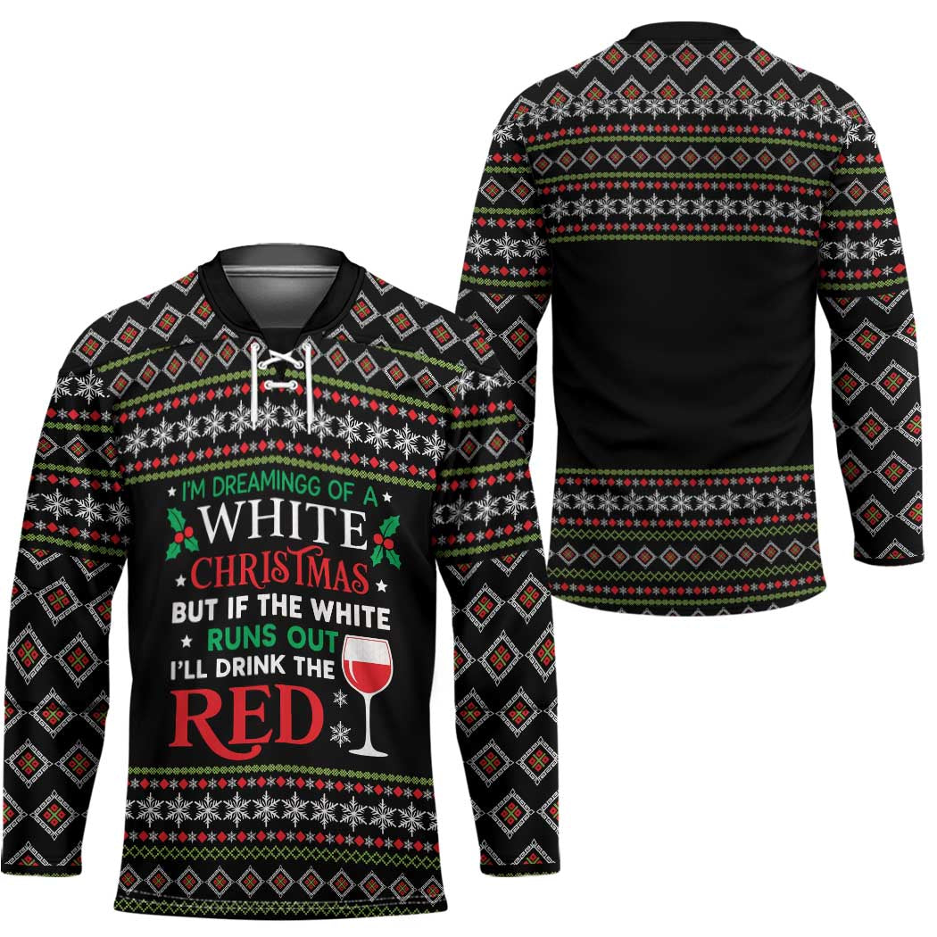 White and Red Christmas Wine Hockey Jersey with Festive Pattern and Holiday Cheer - Wonder Print Shop