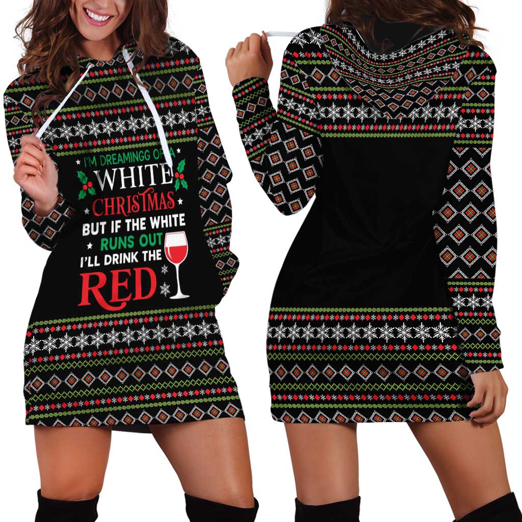 White and Red Christmas Wine Hoodie Dress with Festive Pattern and Holiday Cheer - Wonder Print Shop