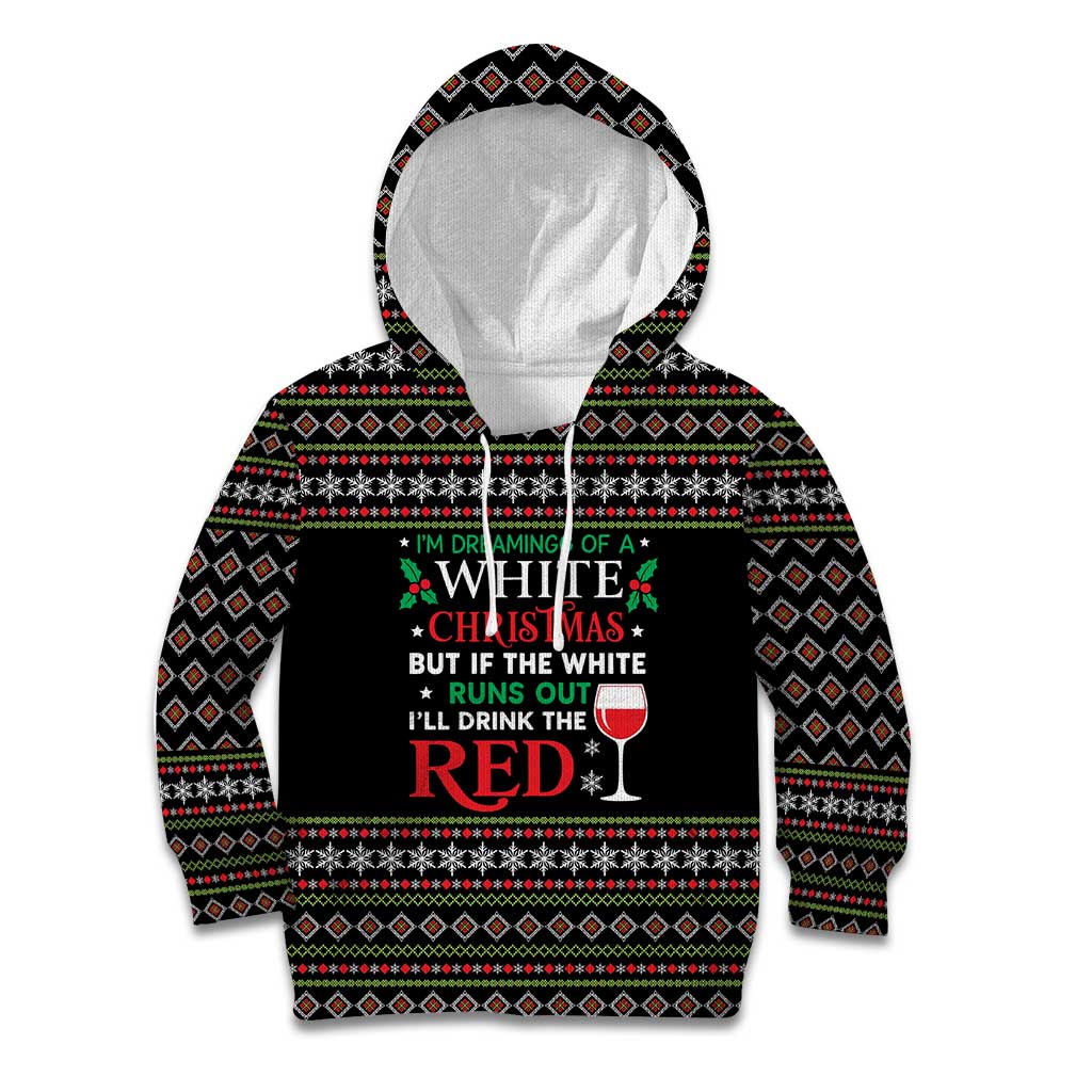 White and Red Christmas Wine Kid Hoodie with Festive Pattern and Holiday Cheer - Wonder Print Shop