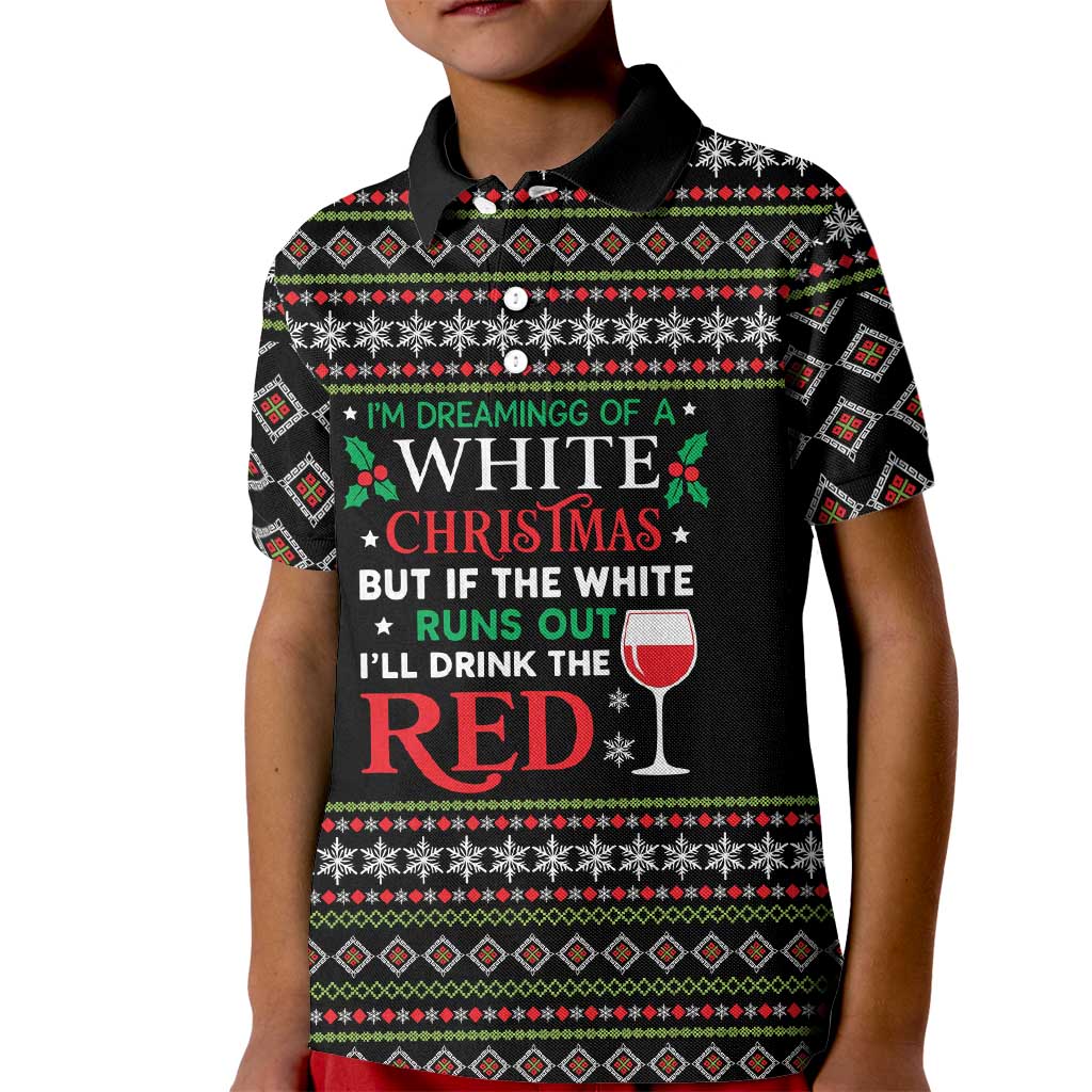 White and Red Christmas Wine Kid Polo Shirt with Festive Pattern and Holiday Cheer - Wonder Print Shop