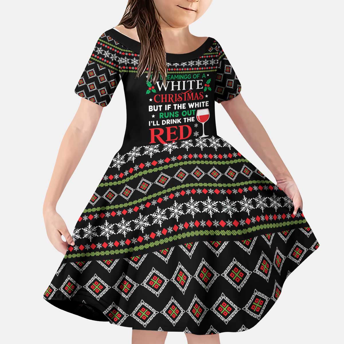White and Red Christmas Wine Kid Short Sleeve Dress with Festive Pattern and Holiday Cheer - Wonder Print Shop