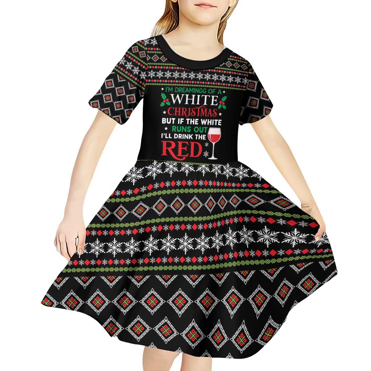 White and Red Christmas Wine Kid Short Sleeve Dress with Festive Pattern and Holiday Cheer - Wonder Print Shop