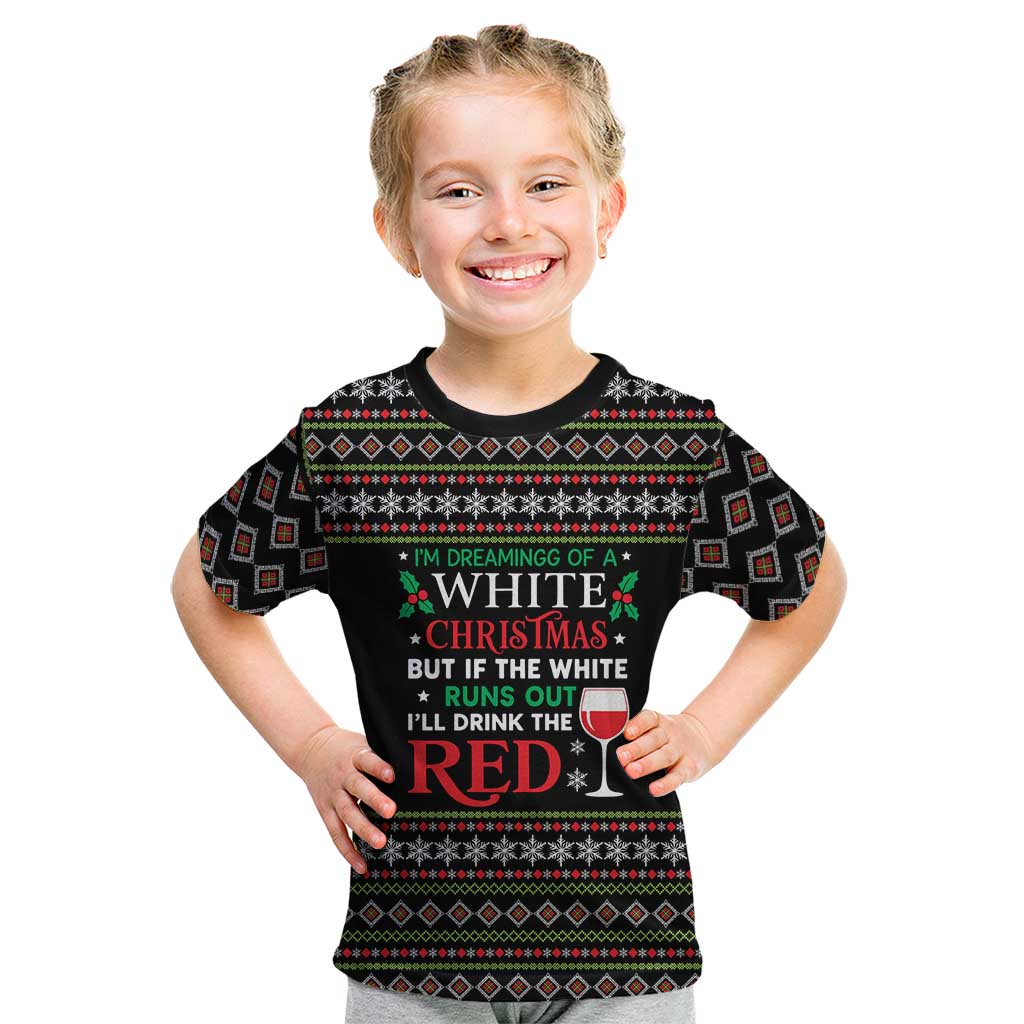 White and Red Christmas Wine Kid T Shirt with Festive Pattern and Holiday Cheer - Wonder Print Shop