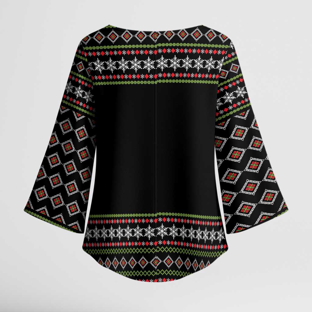 White and Red Christmas Wine Kimono Sleeve Blouse with Festive Pattern and Holiday Cheer - Wonder Print Shop
