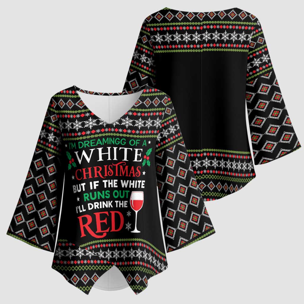 White and Red Christmas Wine Kimono Sleeve Blouse with Festive Pattern and Holiday Cheer - Wonder Print Shop
