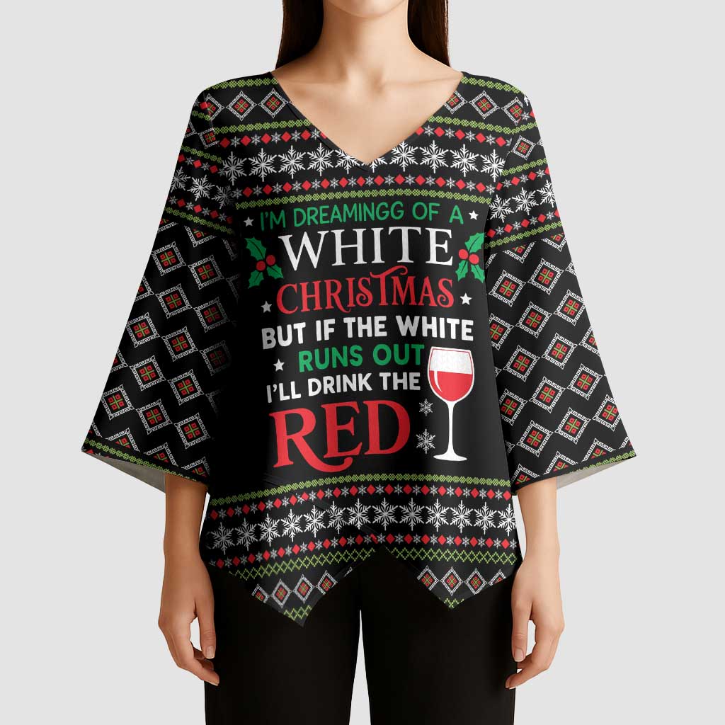 White and Red Christmas Wine Kimono Sleeve Blouse with Festive Pattern and Holiday Cheer - Wonder Print Shop