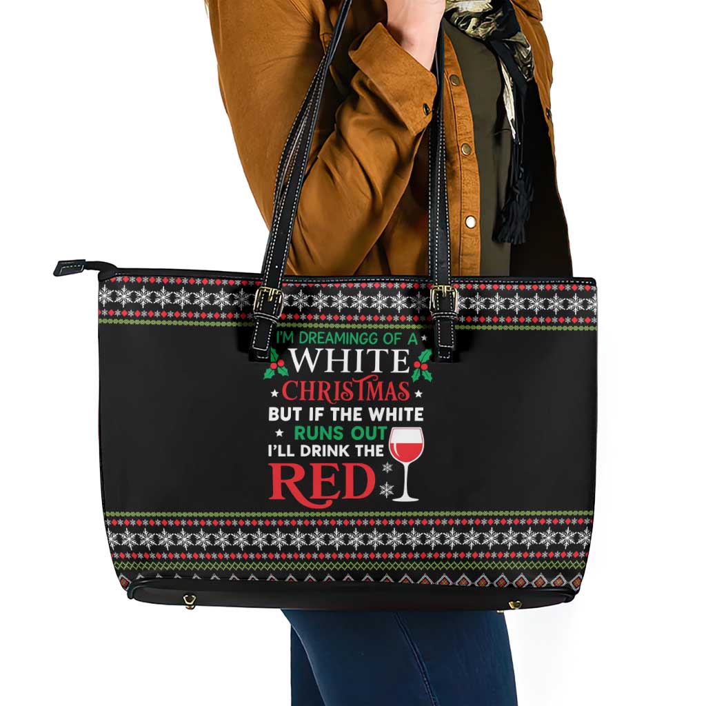 White and Red Christmas Wine Leather Tote Bag with Festive Pattern and Holiday Cheer - Wonder Print Shop
