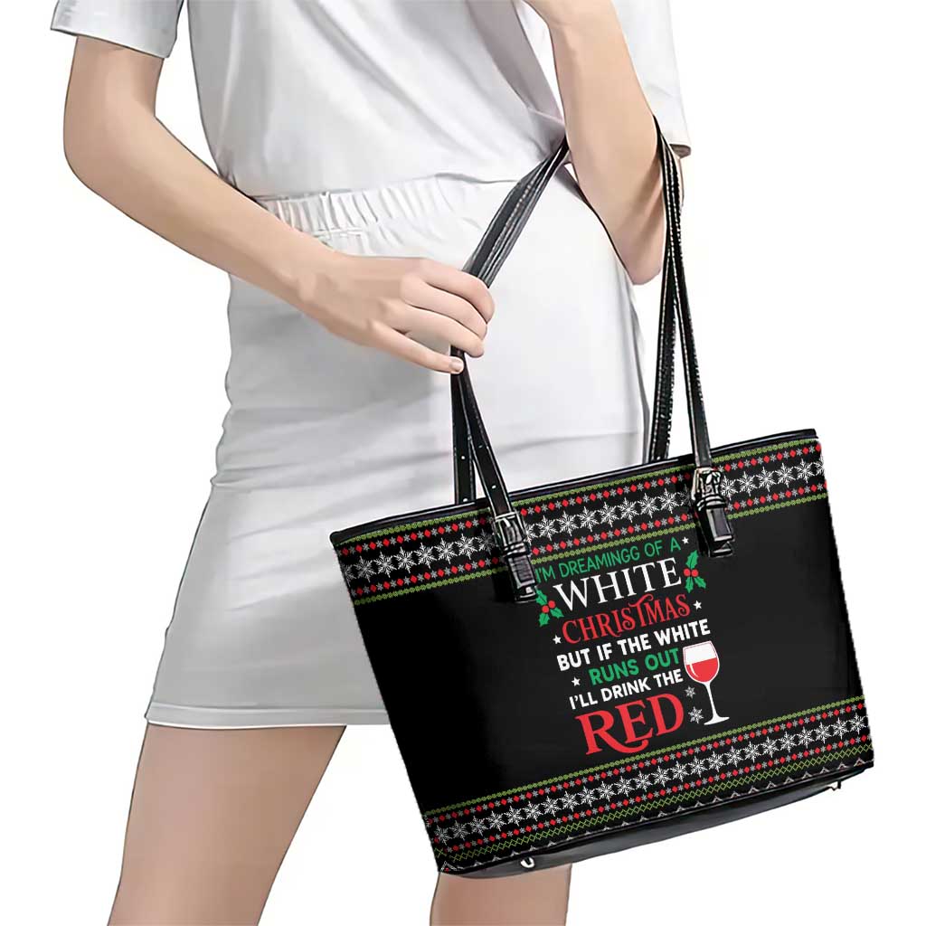 White and Red Christmas Wine Leather Tote Bag with Festive Pattern and Holiday Cheer - Wonder Print Shop