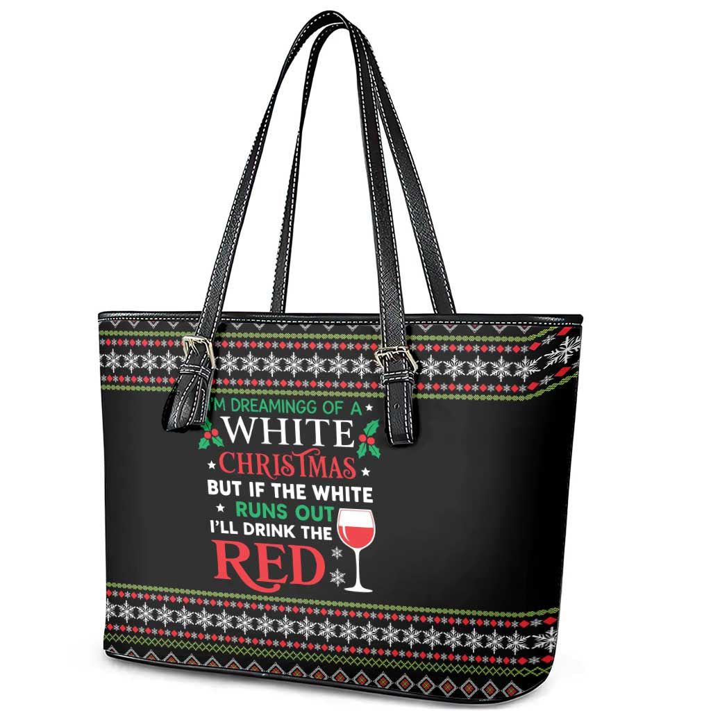White and Red Christmas Wine Leather Tote Bag with Festive Pattern and Holiday Cheer - Wonder Print Shop