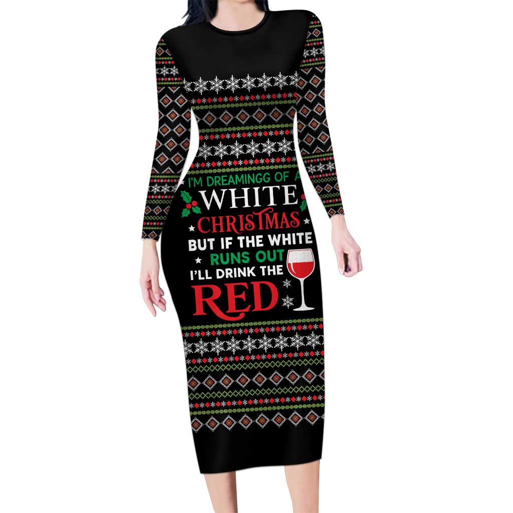White and Red Christmas Wine Long Sleeve Bodycon Dress with Festive Pattern and Holiday Cheer - Wonder Print Shop