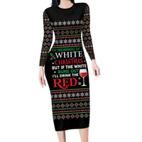 White and Red Christmas Wine Long Sleeve Bodycon Dress with Festive Pattern and Holiday Cheer - Wonder Print Shop