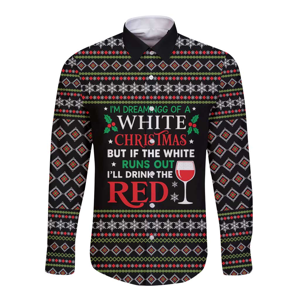 White and Red Christmas Wine Long Sleeve Button Shirt with Festive Pattern and Holiday Cheer - Wonder Print Shop