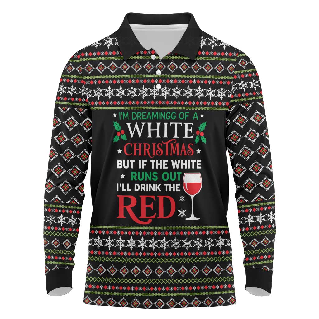 White and Red Christmas Wine Long Sleeve Polo Shirt with Festive Pattern and Holiday Cheer - Wonder Print Shop