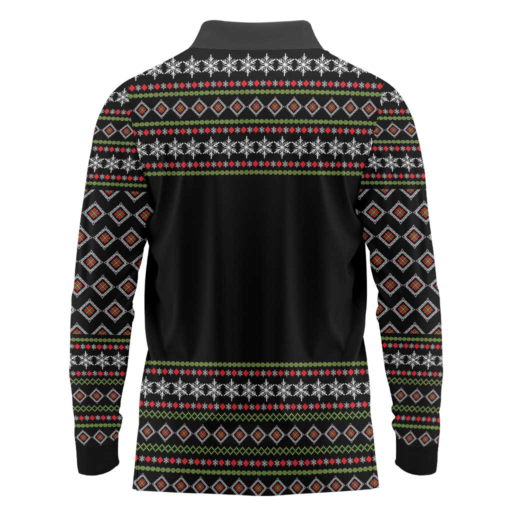 White and Red Christmas Wine Long Sleeve Polo Shirt with Festive Pattern and Holiday Cheer - Wonder Print Shop