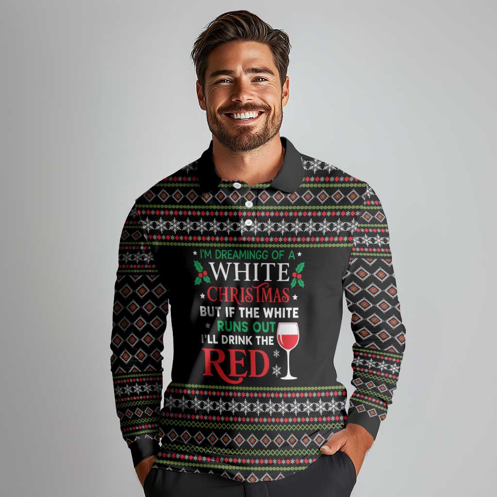 White and Red Christmas Wine Long Sleeve Polo Shirt with Festive Pattern and Holiday Cheer - Wonder Print Shop