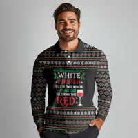 White and Red Christmas Wine Long Sleeve Polo Shirt with Festive Pattern and Holiday Cheer - Wonder Print Shop