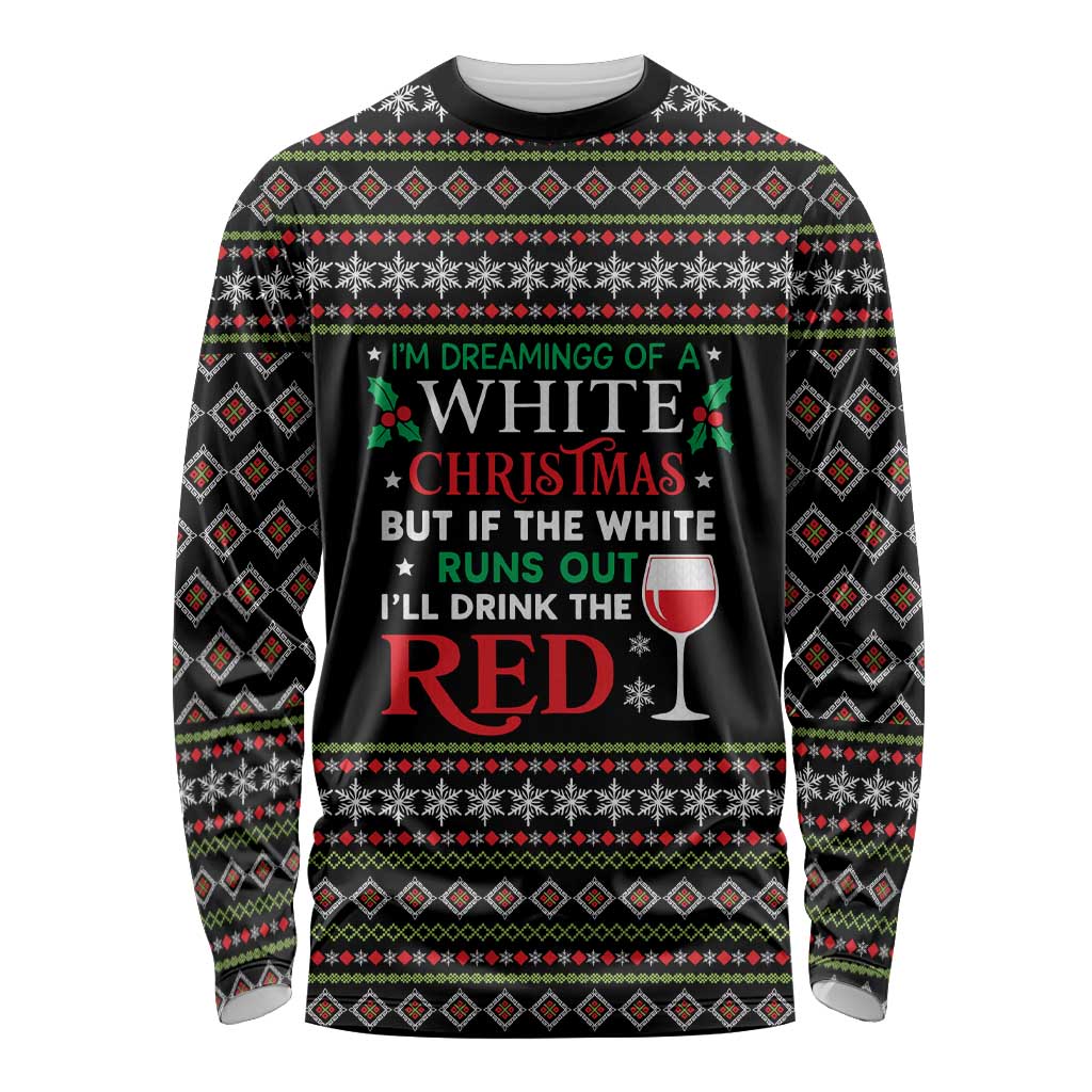 White and Red Christmas Wine Long Sleeve Shirt with Festive Pattern and Holiday Cheer - Wonder Print Shop