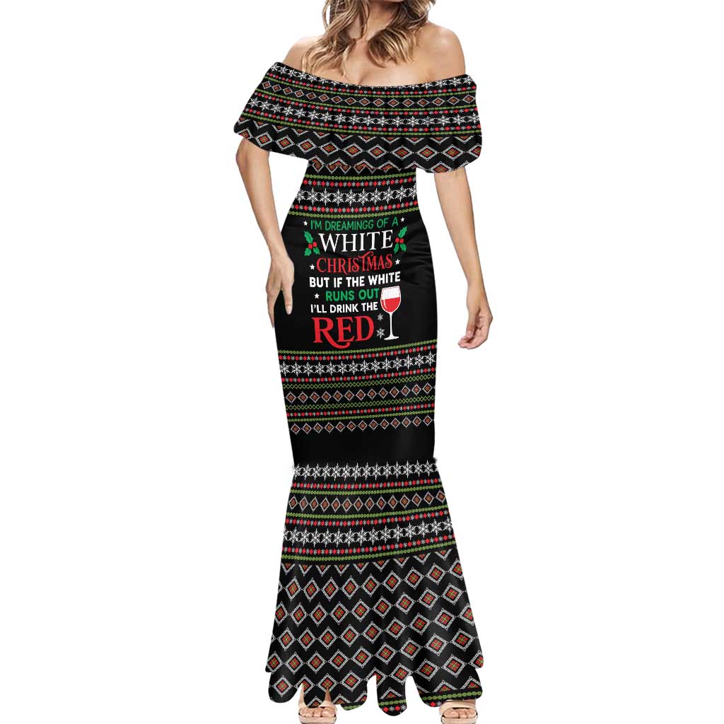 White and Red Christmas Wine Mermaid Dress with Festive Pattern and Holiday Cheer - Wonder Print Shop