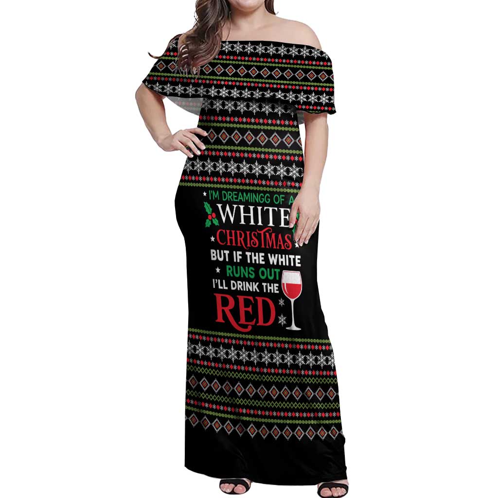 White and Red Christmas Wine Off Shoulder Maxi Dress with Festive Pattern and Holiday Cheer - Wonder Print Shop