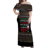 White and Red Christmas Wine Off Shoulder Maxi Dress with Festive Pattern and Holiday Cheer - Wonder Print Shop