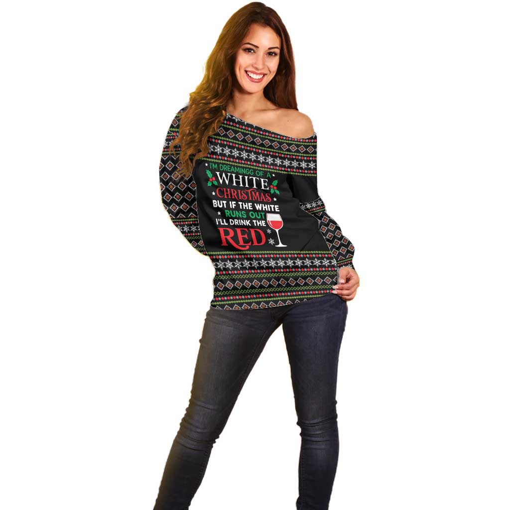 White and Red Christmas Wine Off Shoulder Sweater with Festive Pattern and Holiday Cheer - Wonder Print Shop