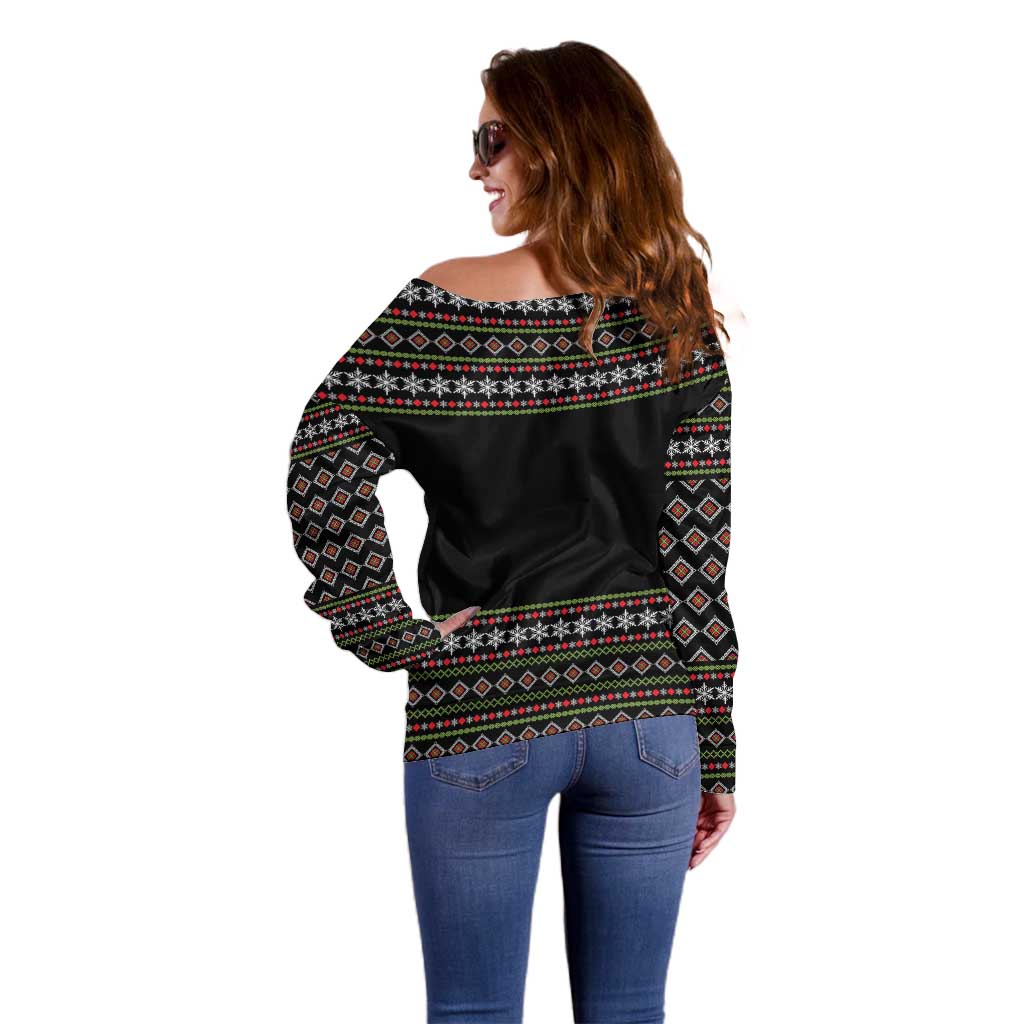White and Red Christmas Wine Off Shoulder Sweater with Festive Pattern and Holiday Cheer - Wonder Print Shop