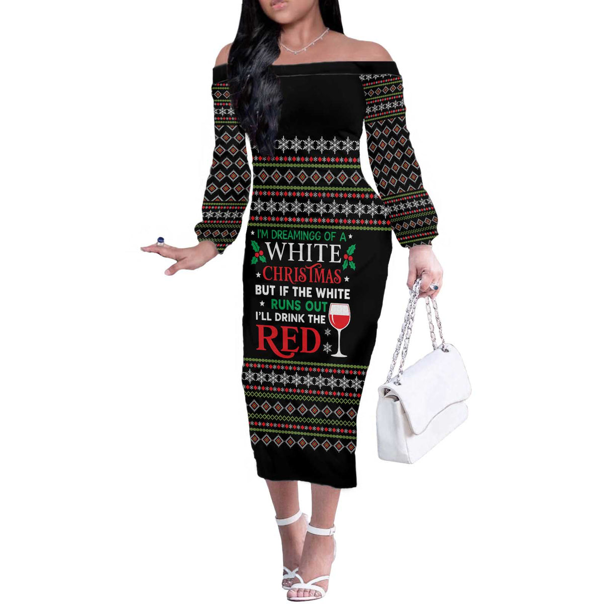 White and Red Christmas Wine Off The Shoulder Long Sleeve Dress with Festive Pattern and Holiday Cheer - Wonder Print Shop