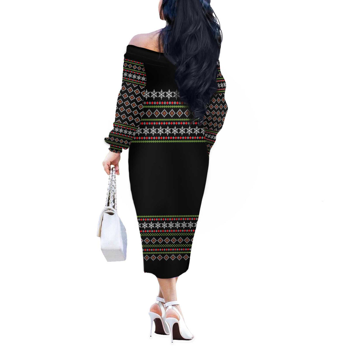 White and Red Christmas Wine Off The Shoulder Long Sleeve Dress with Festive Pattern and Holiday Cheer - Wonder Print Shop