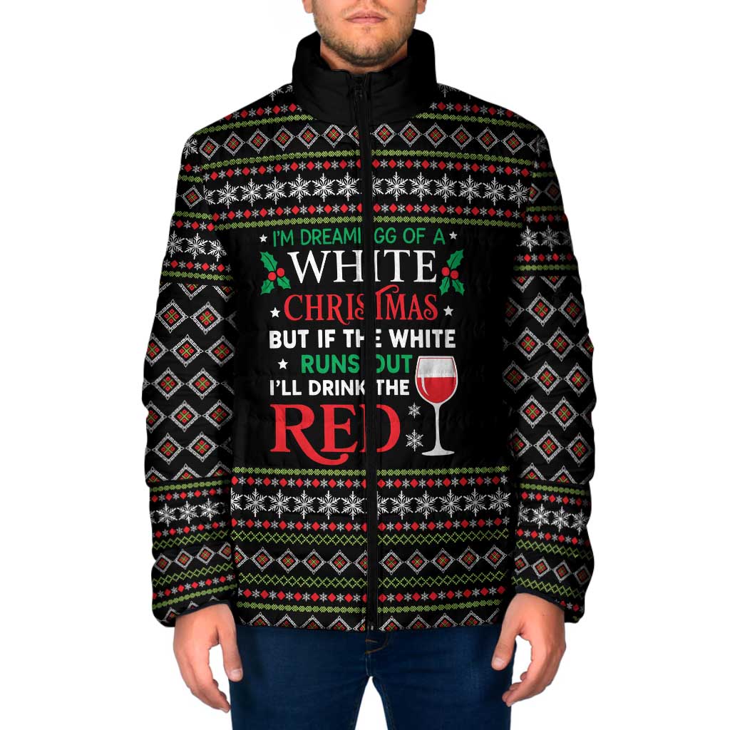 White and Red Christmas Wine Padded Jacket with Festive Pattern and Holiday Cheer - Wonder Print Shop