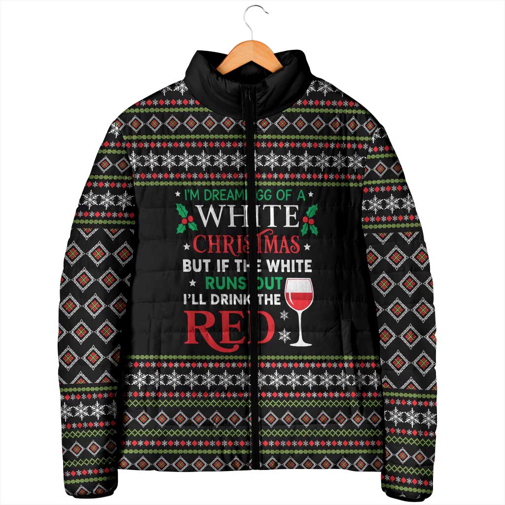 White and Red Christmas Wine Padded Jacket with Festive Pattern and Holiday Cheer - Wonder Print Shop