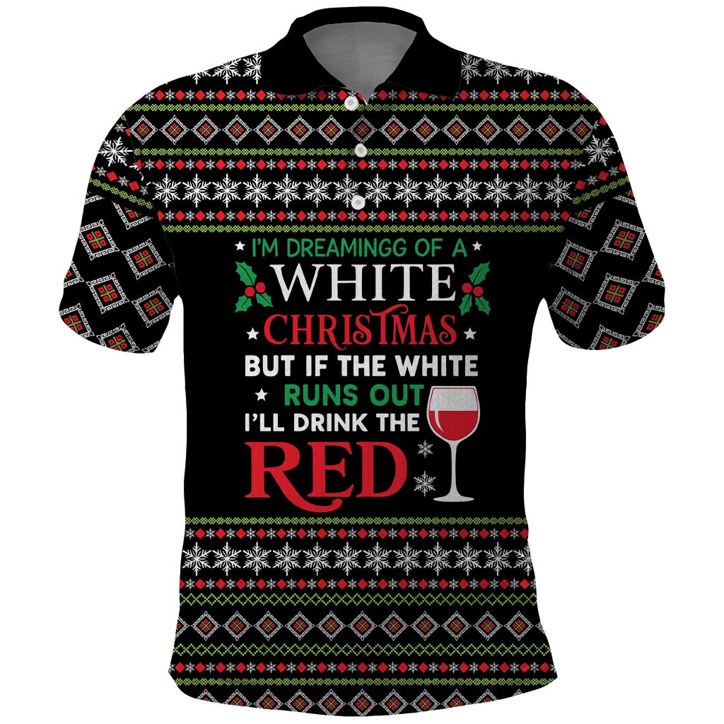 White and Red Christmas Wine Polo Shirt with Festive Pattern and Holiday Cheer - Wonder Print Shop