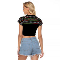White and Red Christmas Wine Raglan Cropped T Shirt with Festive Pattern and Holiday Cheer - Wonder Print Shop