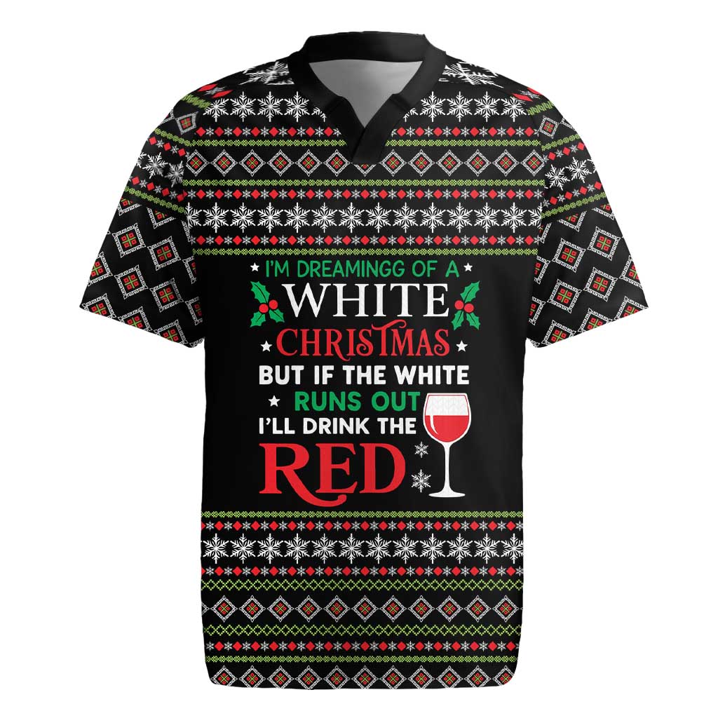 White and Red Christmas Wine Rugby Jersey with Festive Pattern and Holiday Cheer - Wonder Print Shop