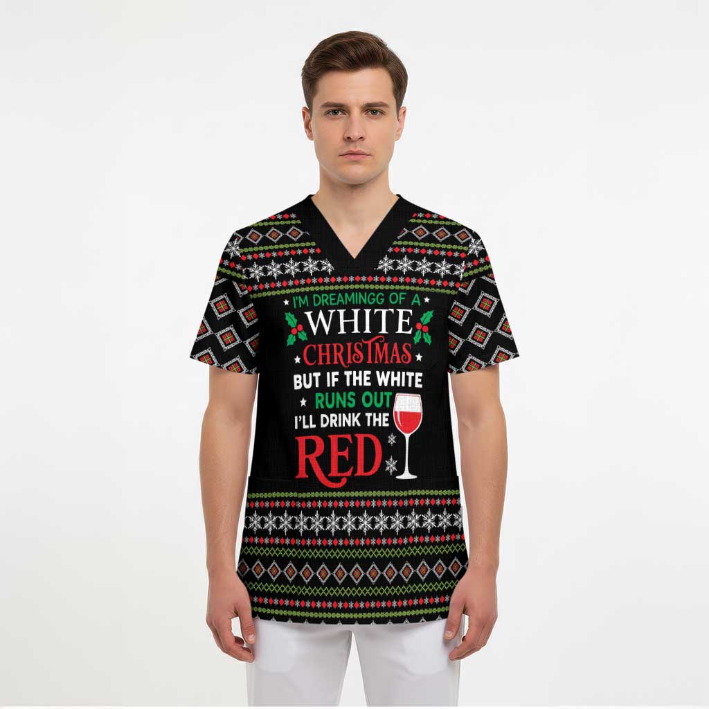 White and Red Christmas Wine Scrub Top with Festive Pattern and Holiday Cheer - Wonder Print Shop