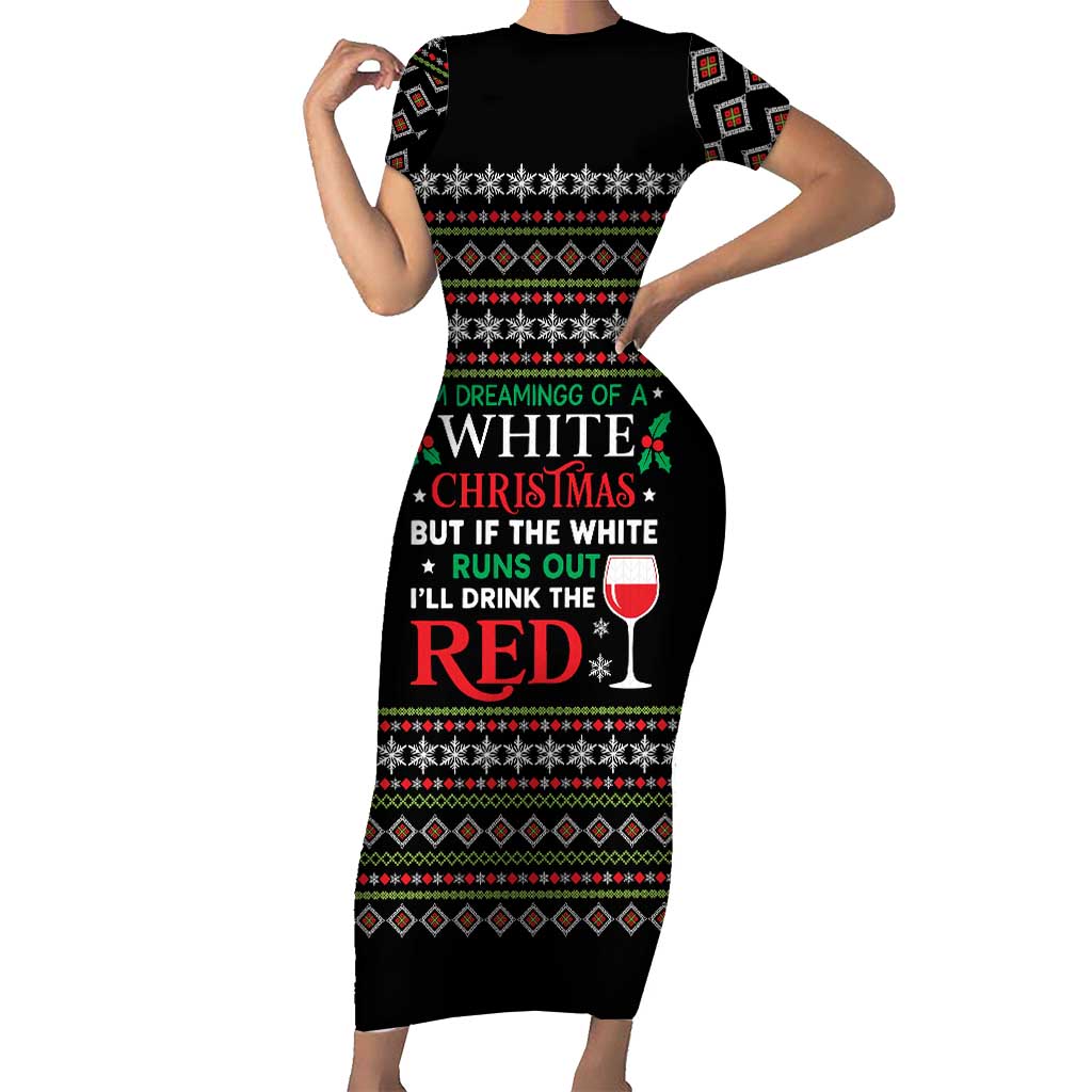 White and Red Christmas Wine Short Sleeve Bodycon Dress with Festive Pattern and Holiday Cheer - Wonder Print Shop