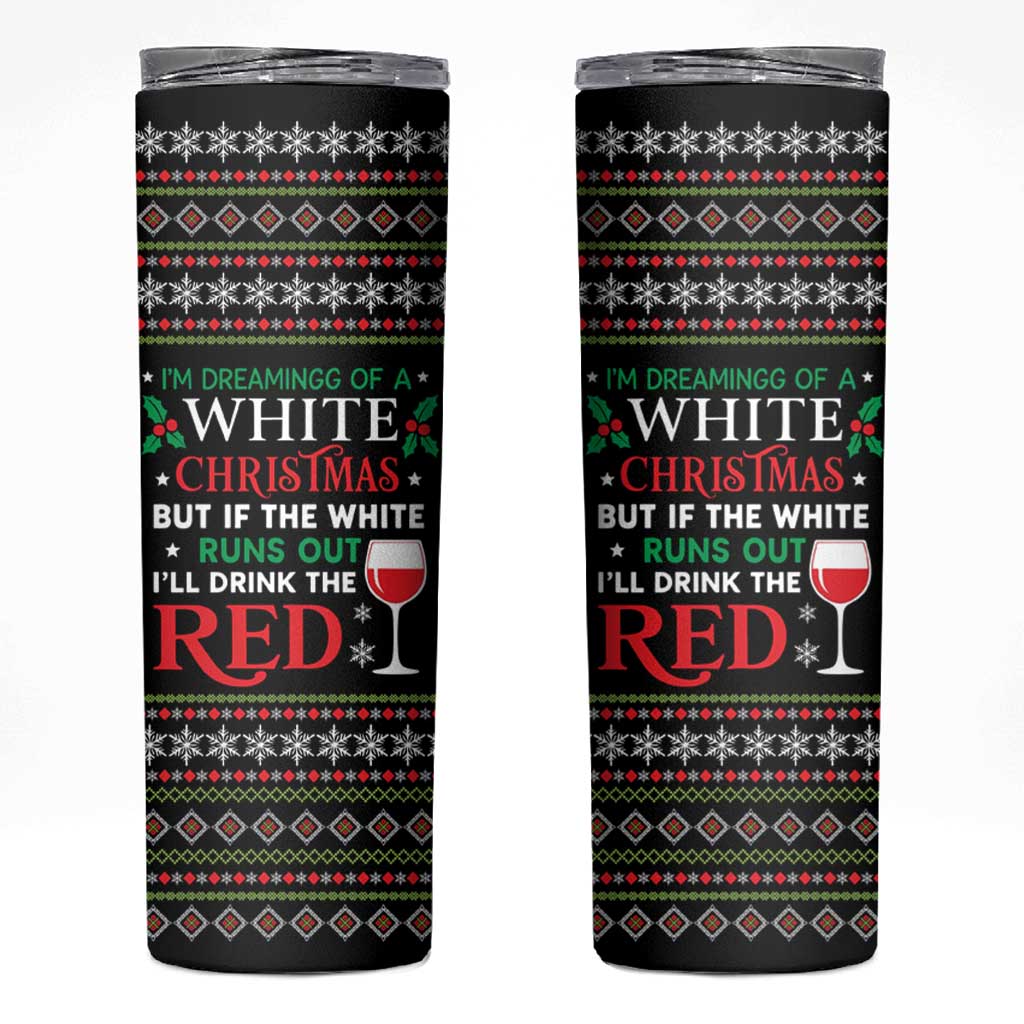 White and Red Christmas Wine Skinny Tumbler with Festive Pattern and Holiday Cheer - Wonder Print Shop