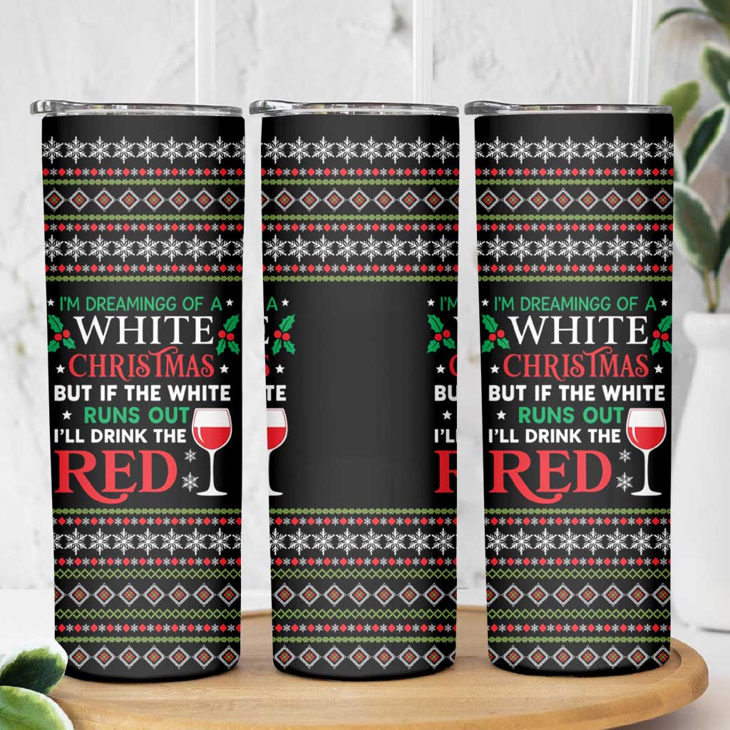 White and Red Christmas Wine Skinny Tumbler with Festive Pattern and Holiday Cheer - Wonder Print Shop