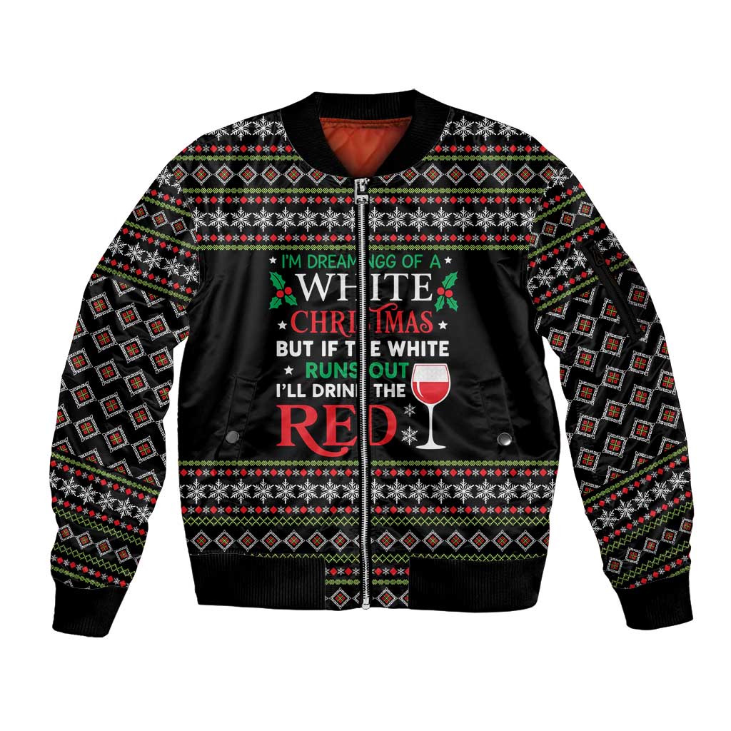 White and Red Christmas Wine Sleeve Zip Bomber Jacket with Festive Pattern and Holiday Cheer - Wonder Print Shop