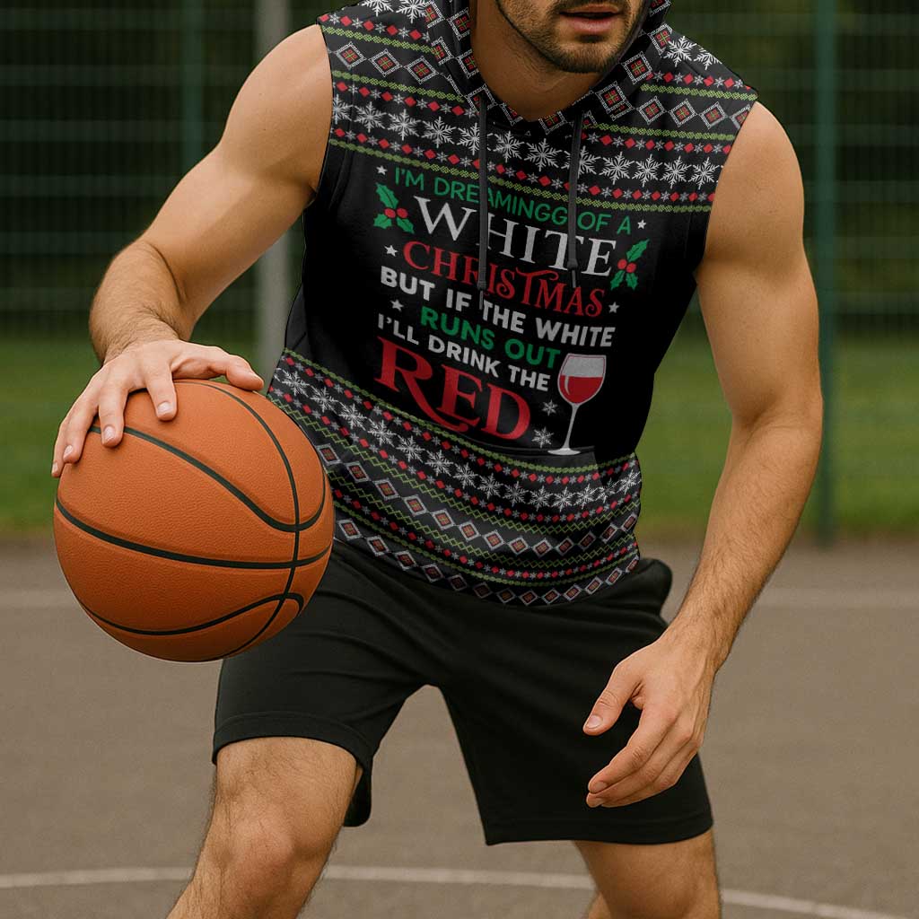 White and Red Christmas Wine Sleeveless Hoodie with Festive Pattern and Holiday Cheer - Wonder Print Shop